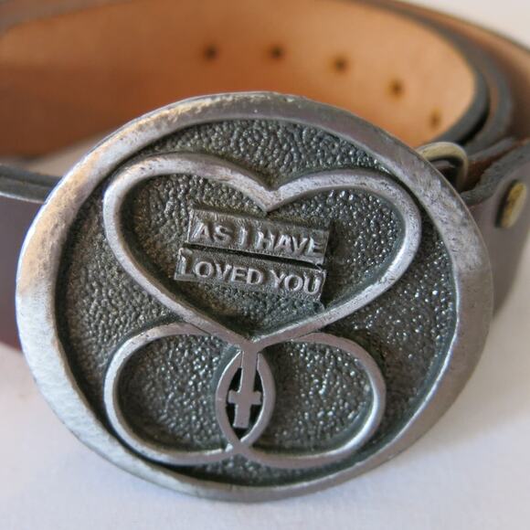 Men's Leather Belt L/XL* Personalized HAL Religious Marriage Silver Buckle Brown - Picture 3 of 11